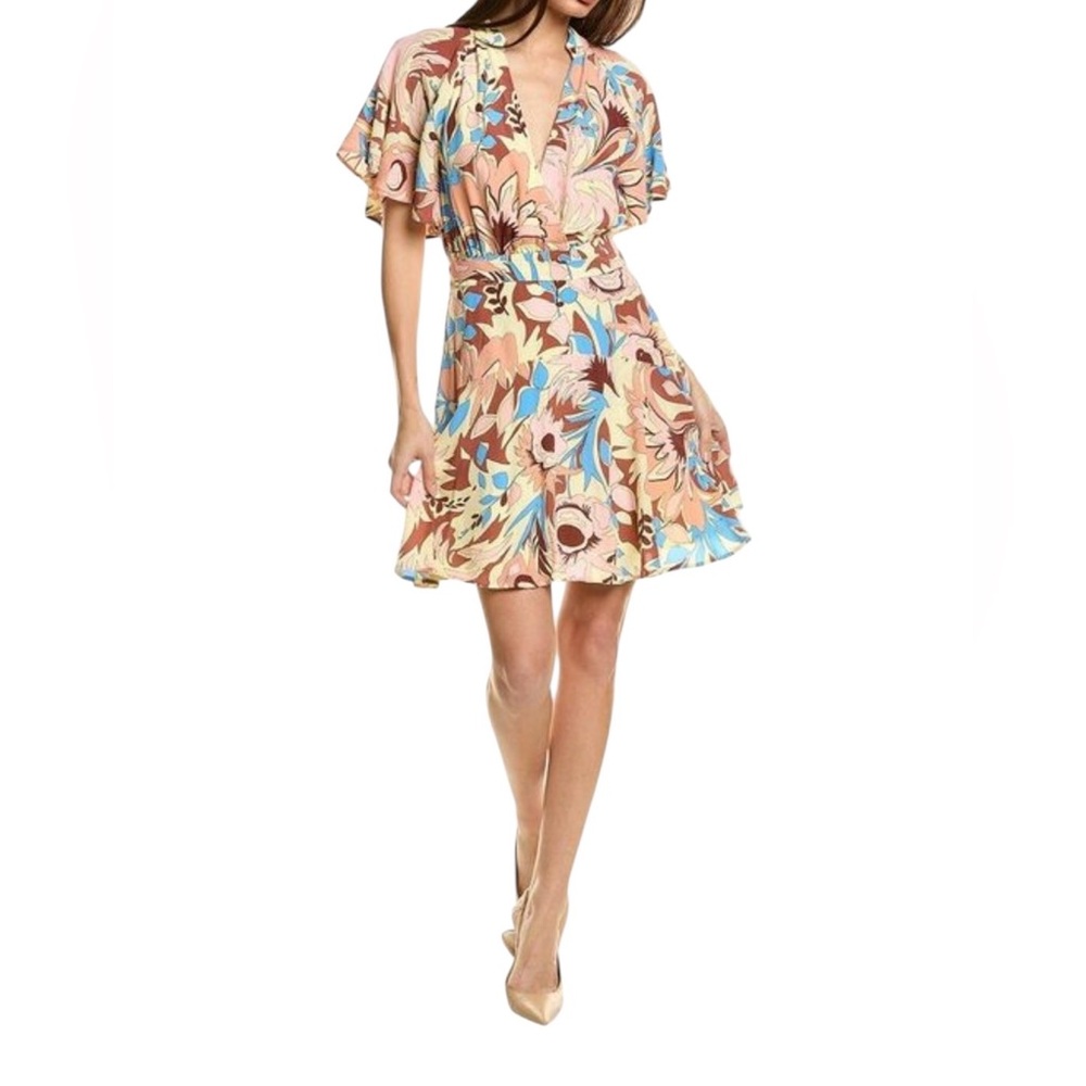 Reiss Floral Mini Dress in Peach, Blue and Brown